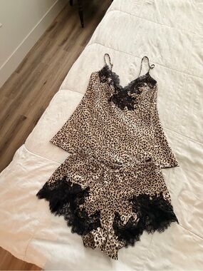 Leopard Lace-Trim Cami & Short Sleep Set - Black Lace